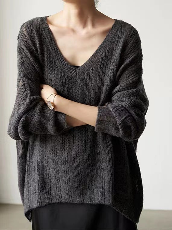 Pull en tricot épais pour femme avec col en V décontracté et structure tendance Chic & Stil