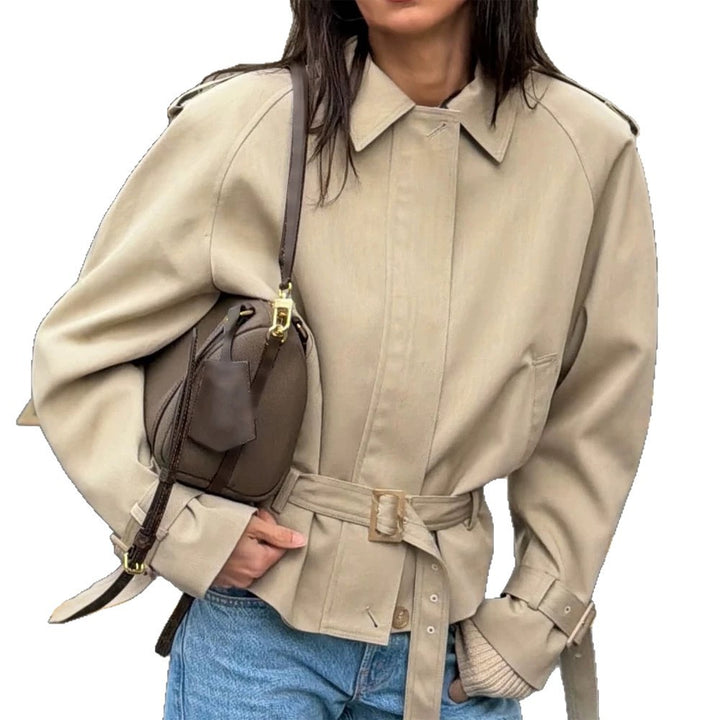 Women Tailored Short Trench Coat with Tie Belt, Raglan Sleeves and Concealed Button Placket Amarae