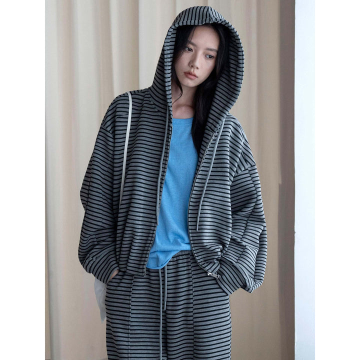 Women's Striped Relaxed-Fit Zip Hoodie with Drawstring