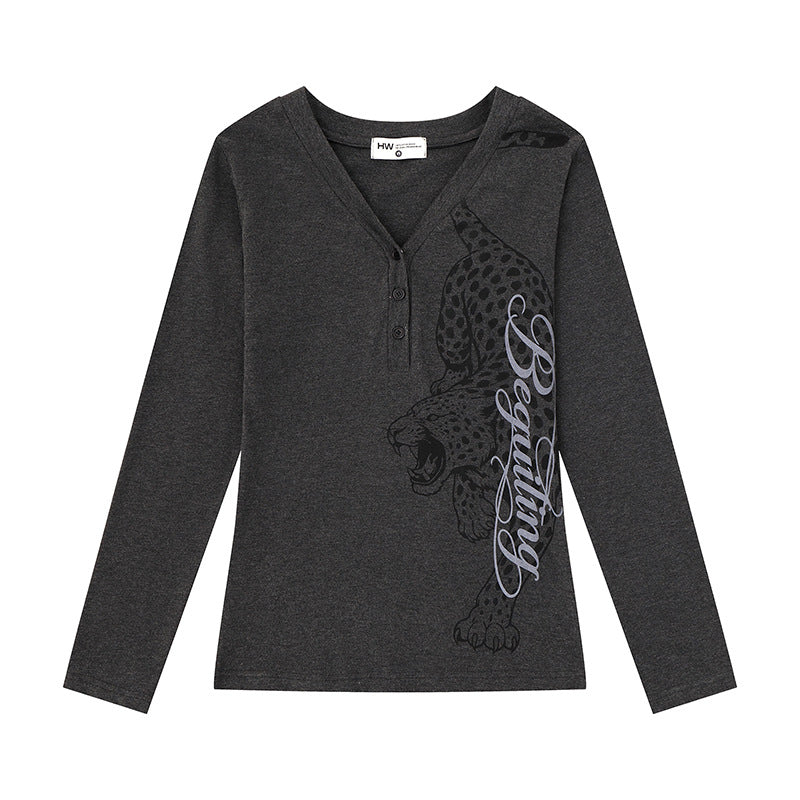 Women's Long Sleeve Henley Shirt with V-Neck and Large Panther Print Amarae