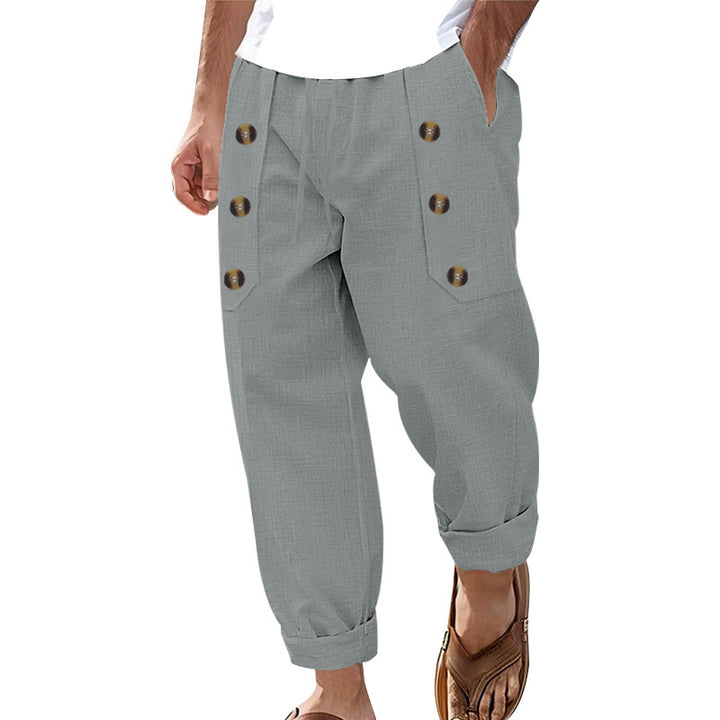 Casual linen cargo pants for men with practical buttons and side pockets Lune London