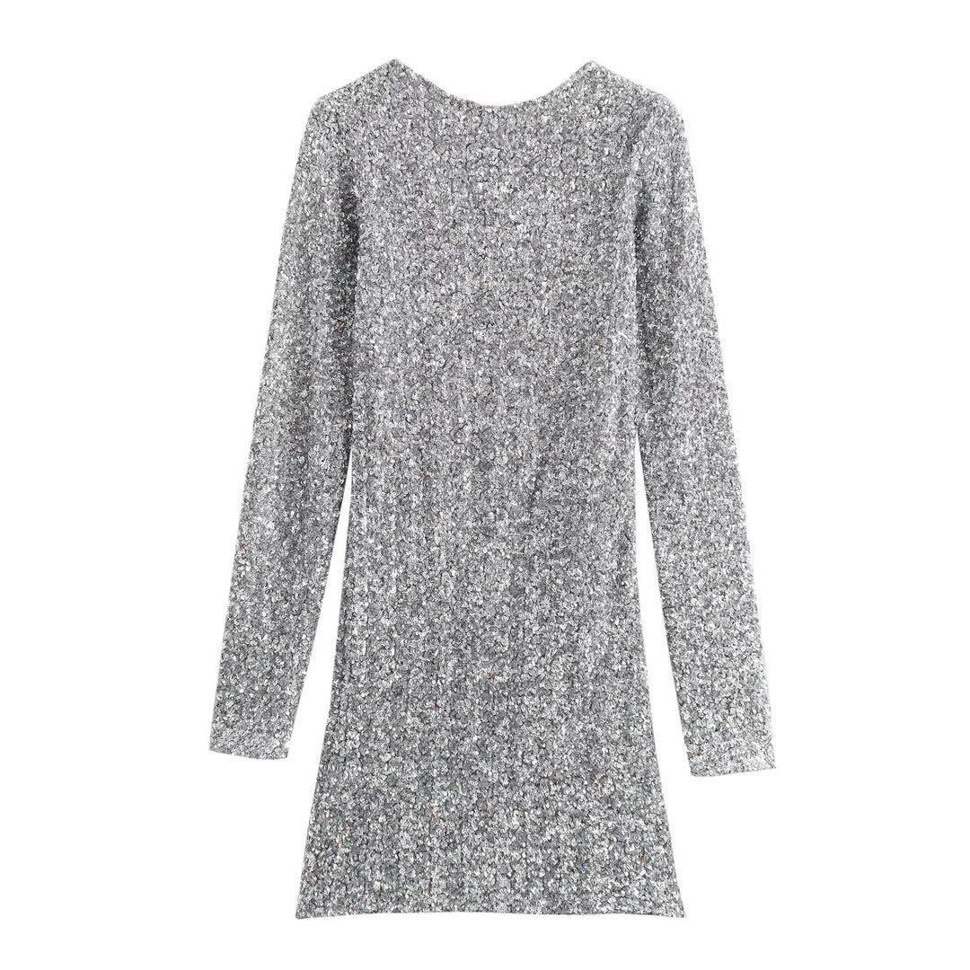 Women's Sequin Mini Dress with Long Sleeves and Boat Neck