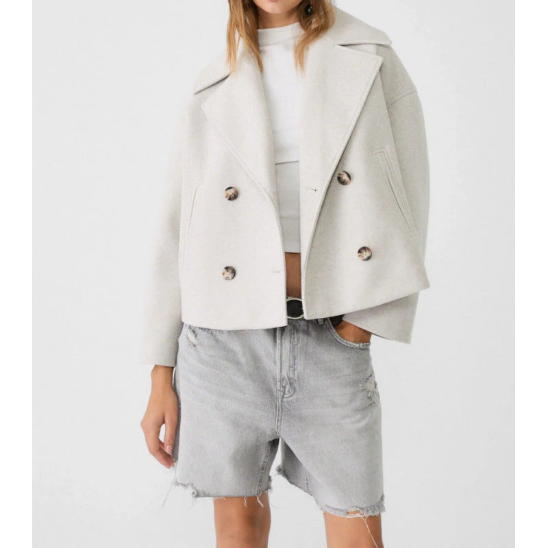 Women's Short Double-Breasted Wool Blend Peacoat with Oversized Lapels Amarae