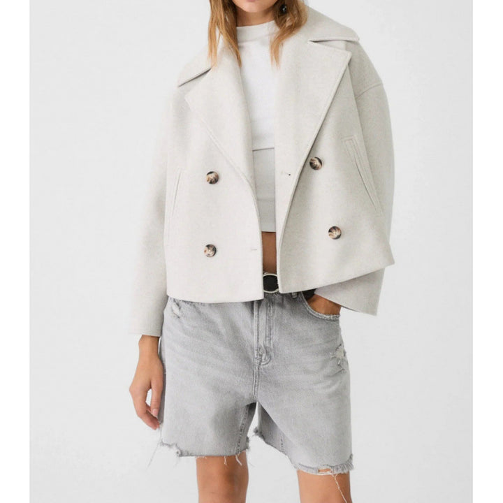Women's Short Double-Breasted Wool Blend Peacoat with Oversized Lapels Amarae