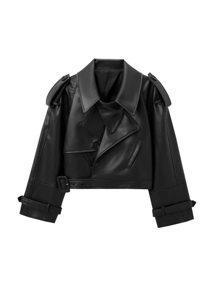 Women's Cropped Leather Motorcycle Jacket with Asymmetric Lapel Amarae