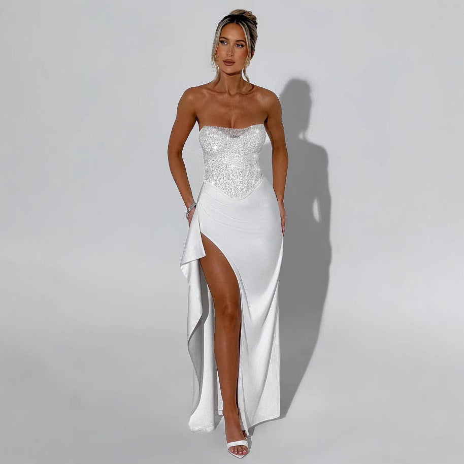 Ladies Elegant Evening Dress with Shimmering Top and High Slit Lune London