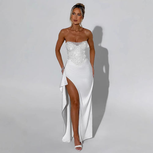 Ladies High Neck Evening Dress with Transparent Top and Side Slit