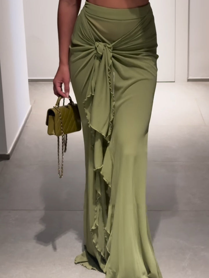 Women's High-Waisted Maxi Skirt with Asymmetrical Gathering, Knot Detail, and Ruffle Slit Amarae