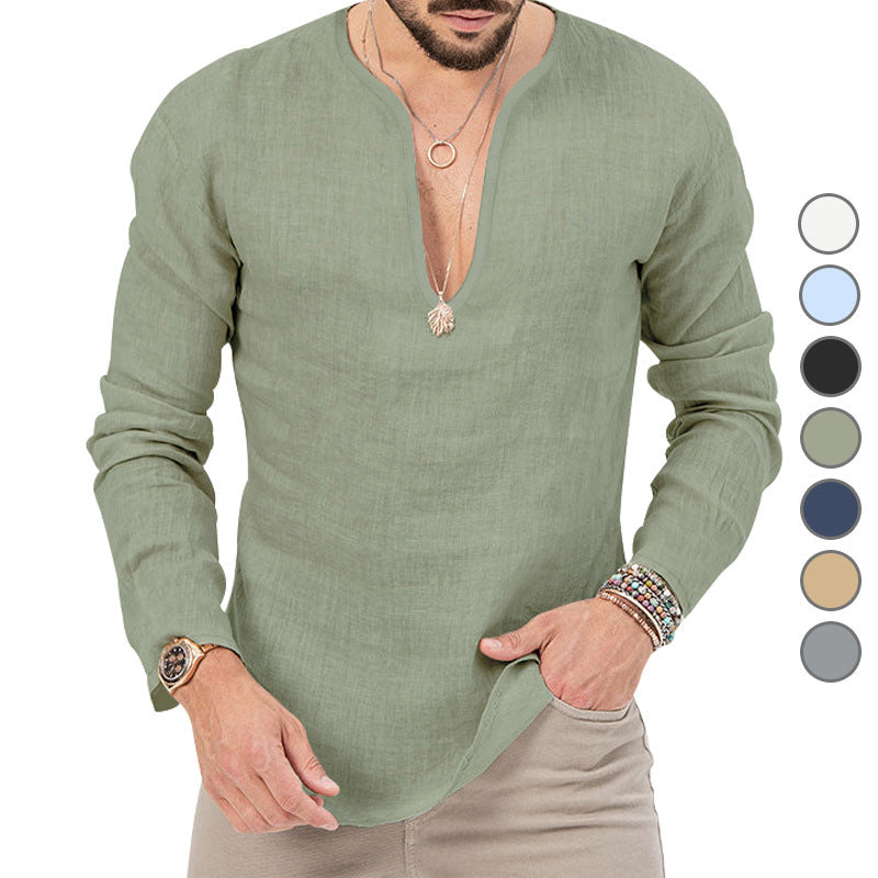 Men's casual linen shirt with deep V-neck and comfortable fit Lune London