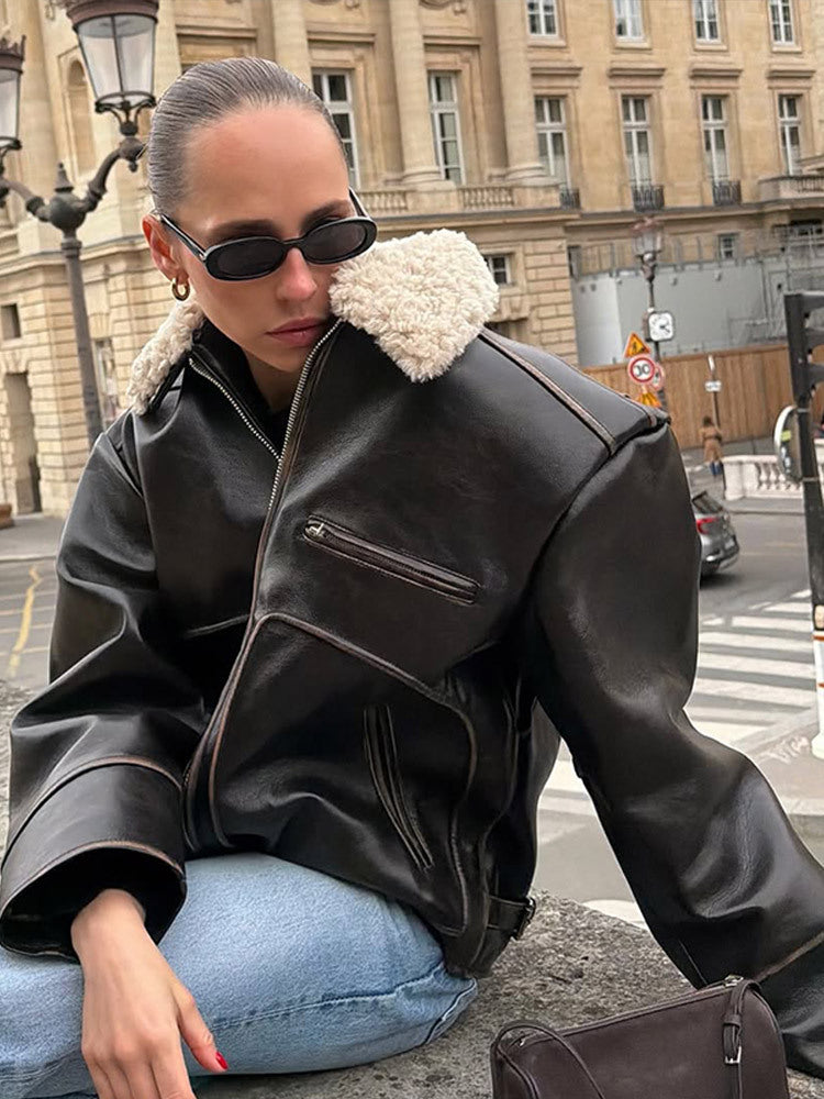 Women Short Cut Leather Imitation Bomber Jacket with Voluminous Teddy Shawl Collar and Distinctive Decorative Seams Amarae