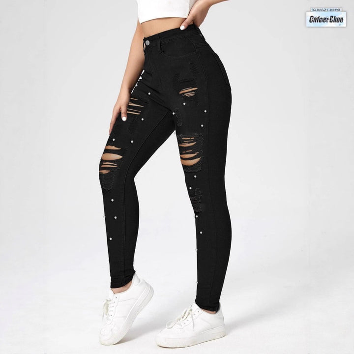 Women High-Waisted Ripped Skinny Jeans with Pearl Decoration and Sculpting Effect Amarae