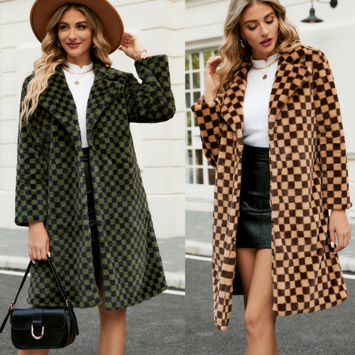 Elegant faux fur coat for women with a modern check pattern and a wide collar Amarae