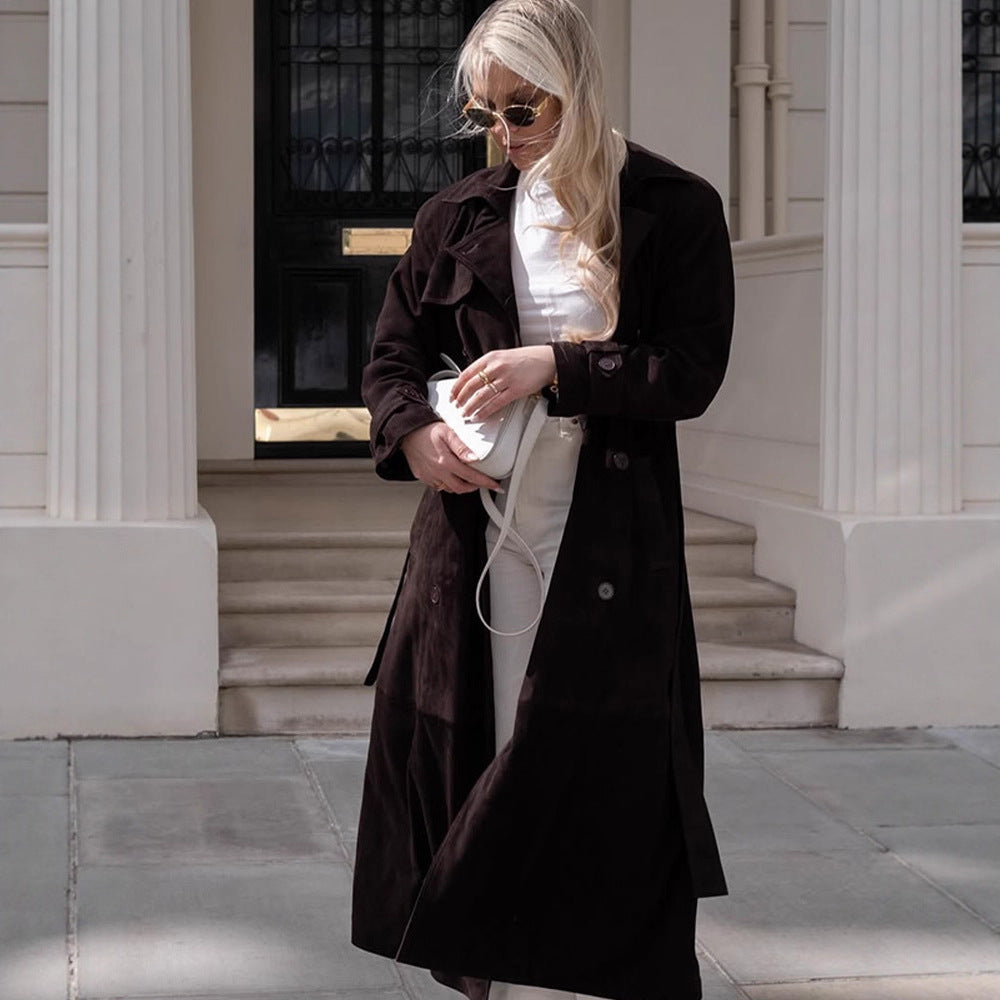 Women's Long Velvet Trench Coat with Tie Belt and Lapel Collar Amarae