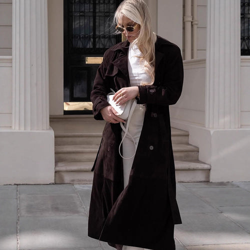 Women's Long Velvet Trench Coat with Tie Belt and Lapel Collar Amarae