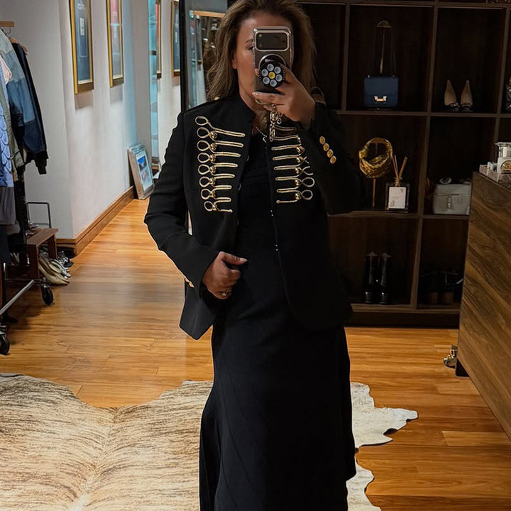 Ladies military-inspired fitted blazer with gold-embroidered cord applications Amarae