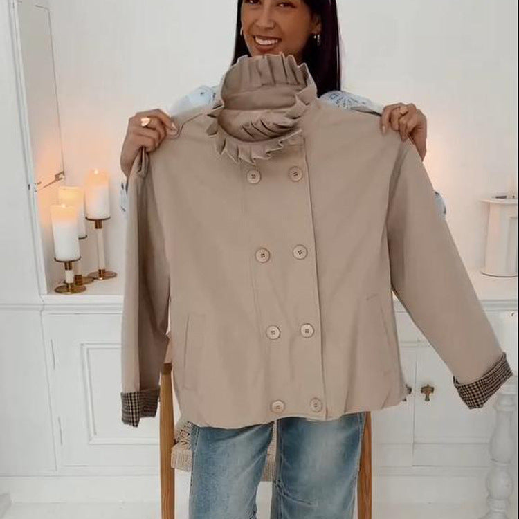 Women's Short Cut Boxy Utility Jacket with Pleated Collar and Check Inner Cuffs Amarae