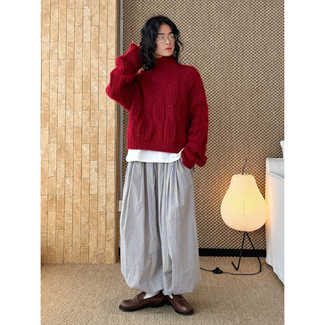 Women's Fluffy Turtleneck Sweater in Mohair Look with Voluminous Sleeves and Ribbed Hem