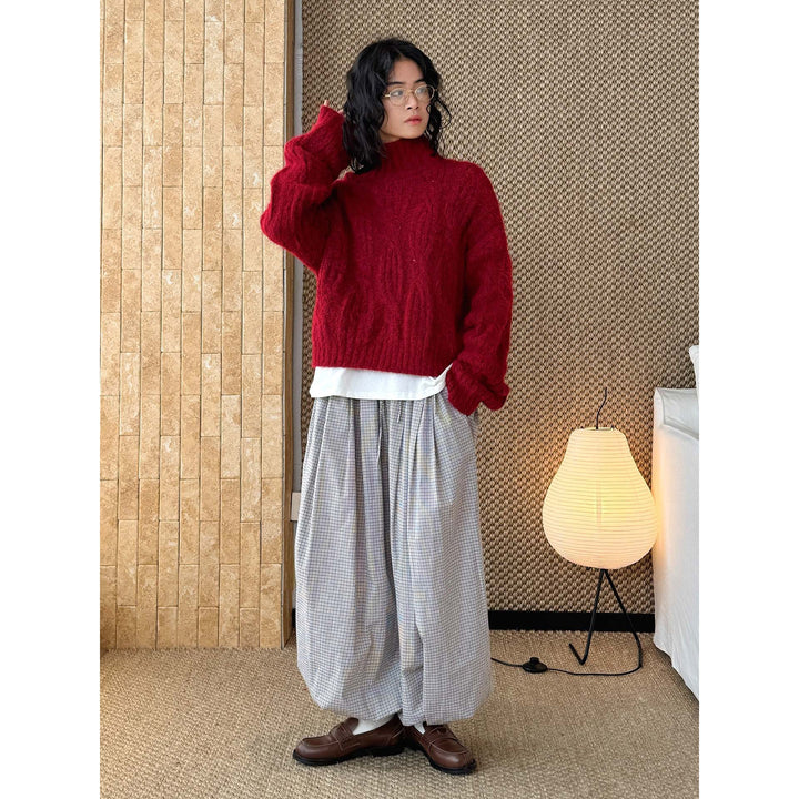Women's Fluffy Turtleneck Sweater in Mohair Look with Voluminous Sleeves and Ribbed Hem
