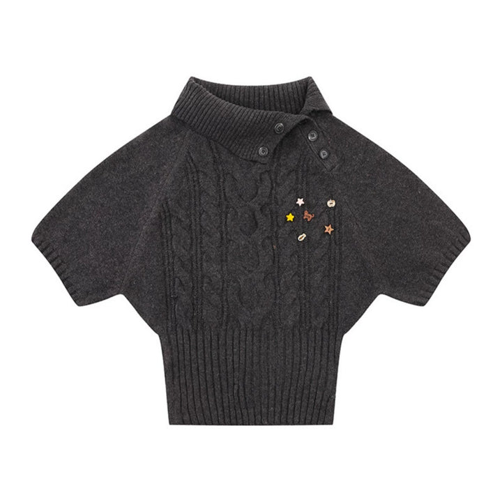Women's Short-Sleeved Cable Knit Sweater Top with Stand Collar and Button Placket Amarae
