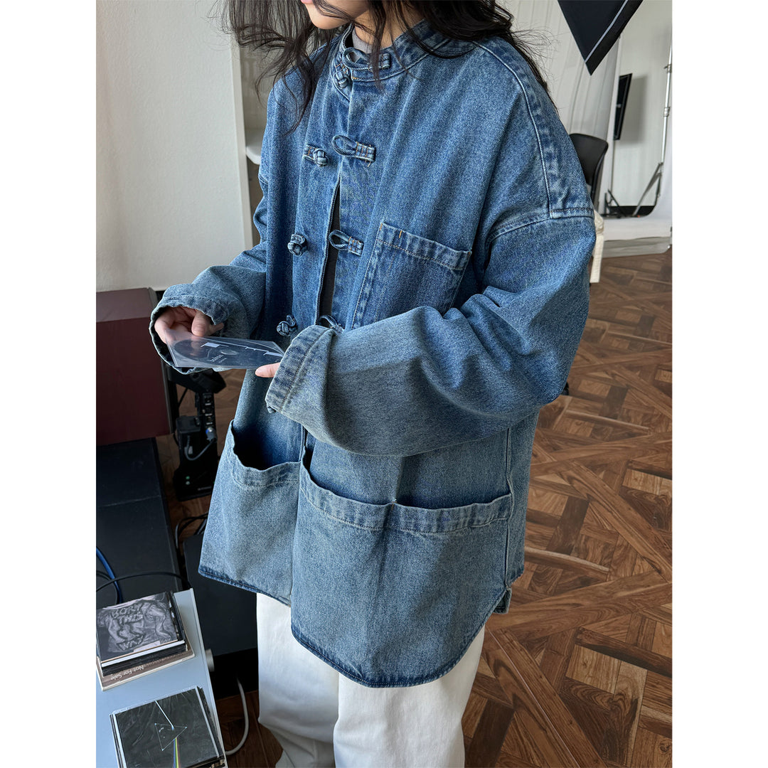 Women’s Oversized Utility-Style Denim Jacket with Mandarin Collar and Toggle Fastenings Amarae