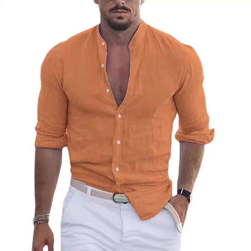 Casual linen shirt for men with modern stand-up collar and roll-up sleeves Lune London