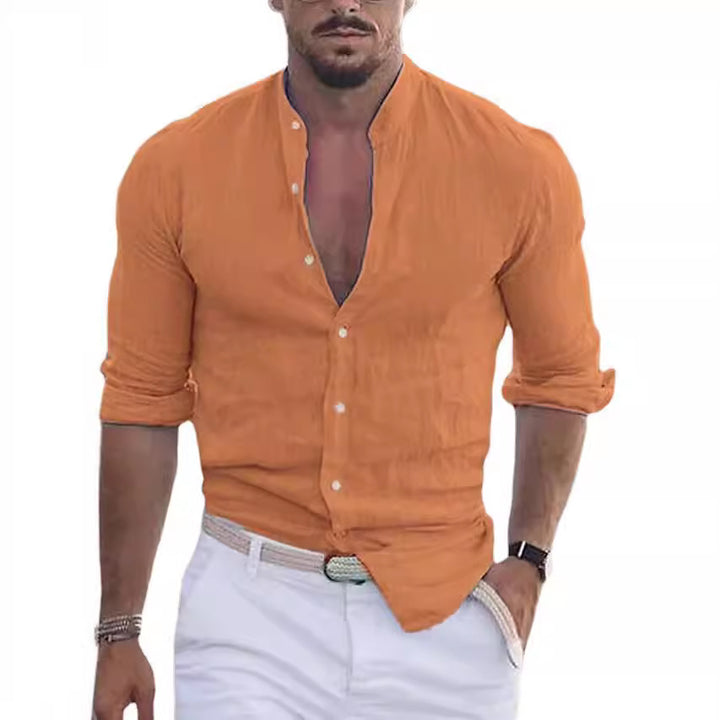 Casual linen shirt for men with modern stand-up collar and roll-up sleeves Lune London