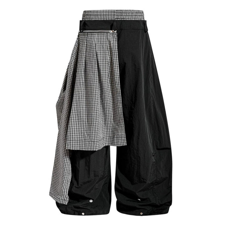 Women's wide baggy pants with asymmetrical check side panel and drawstring Amarae