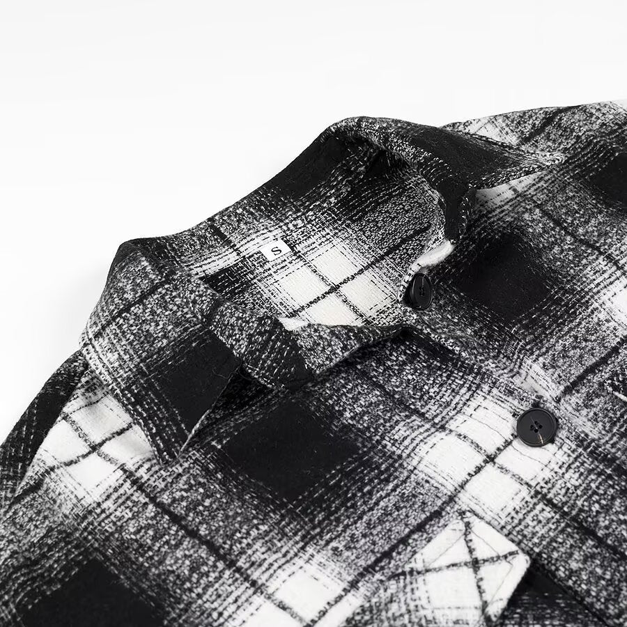 Women Checked Longline Shirt Coat made of Wool Blend with Oversized Silhouette and Flap Pockets Amarae