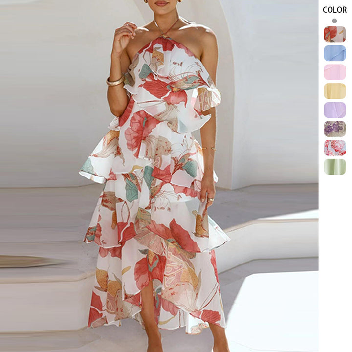 Chic & Stil Women's maxi dress with elegant overlay and floral ruffles