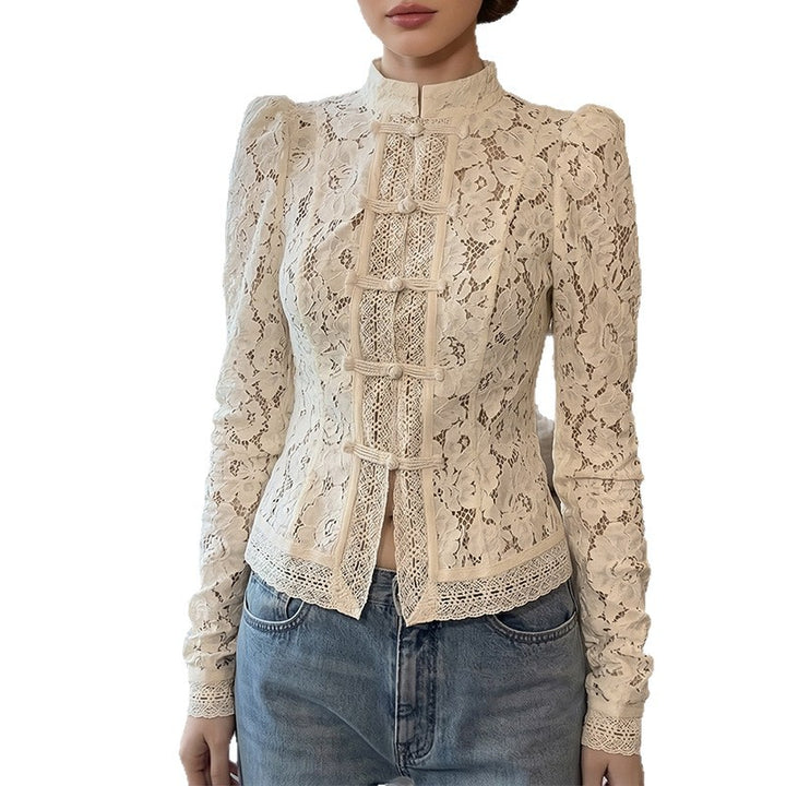 Women's lace blouse with textured details and elegant stand-up collar Lune London