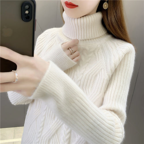 Knitted sweater for women with high collar and beautiful cable pattern Amarae
