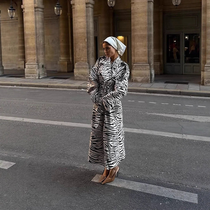 Women's Maxilength Trench Coat in Animal Print with Voluminous Shawl Collar, Tied Belt and Boxy Silhouette Amarae