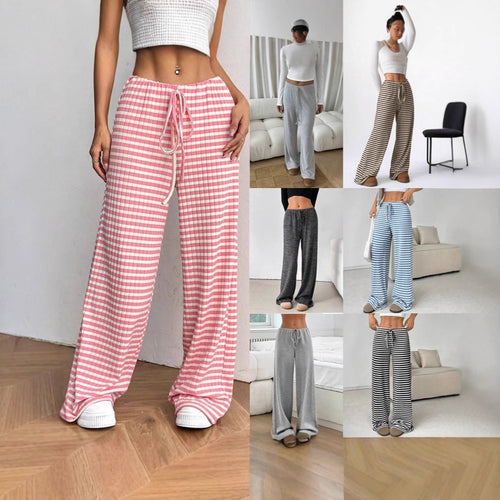 Wide striped palazzo pants in lightweight cotton for women with tie belt Amarae