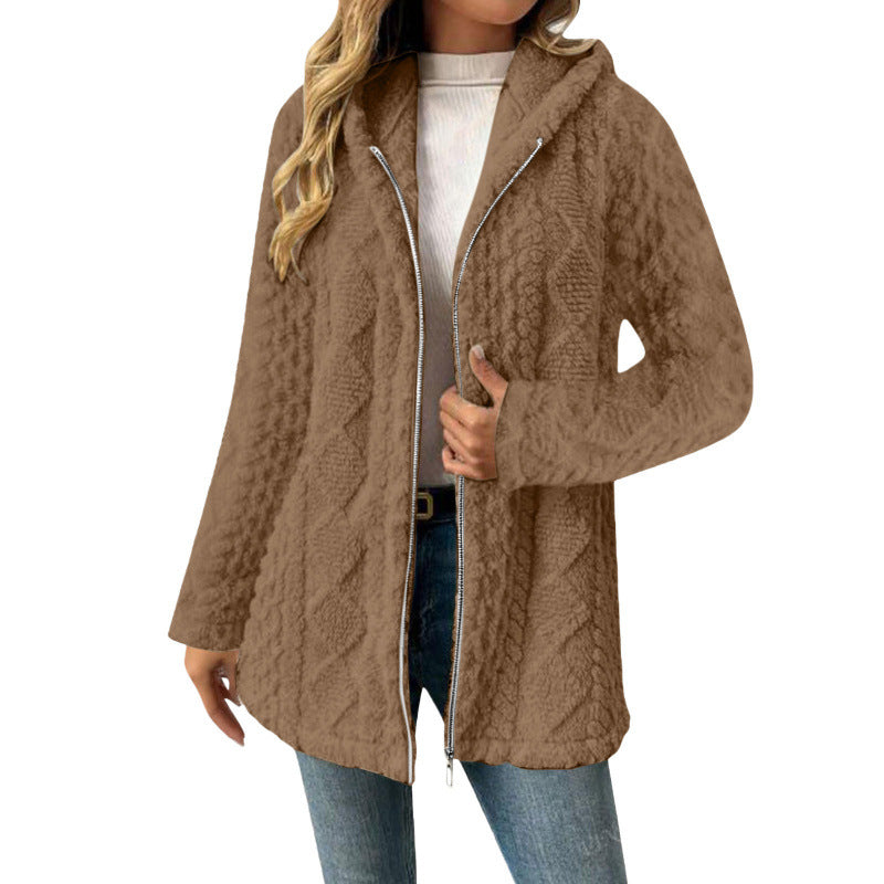 Women's Hooded Sherpa Jacket with Cable Pattern, Medium Length and Two-Way Zipper Amarae