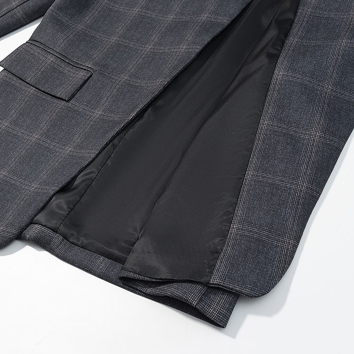Men's Asymmetrical Stand Collar Blazer with Check Pattern and Hidden Button Placket Amarae