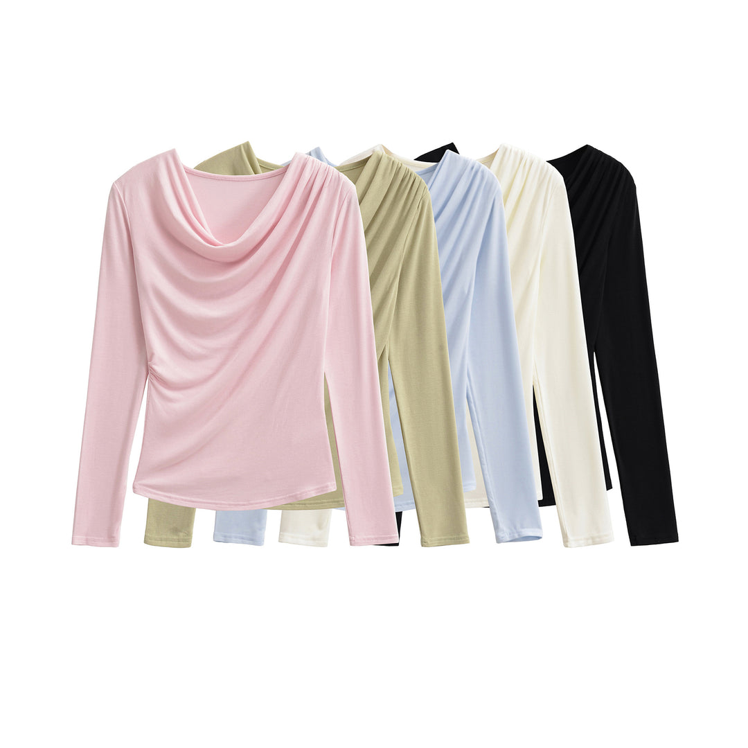 Women's Waterfall Collar Long Sleeve Shirt with Draping and Tailored Wrap Look Amarae