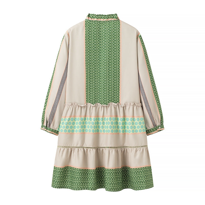 Ladies Printed Midi-Length Coat Dress with Ruffle Collar and Tiered Skirt Amarae