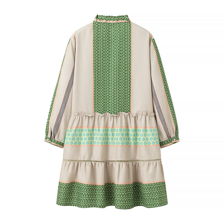Ladies Printed Midi-Length Coat Dress with Ruffle Collar and Tiered Skirt Amarae