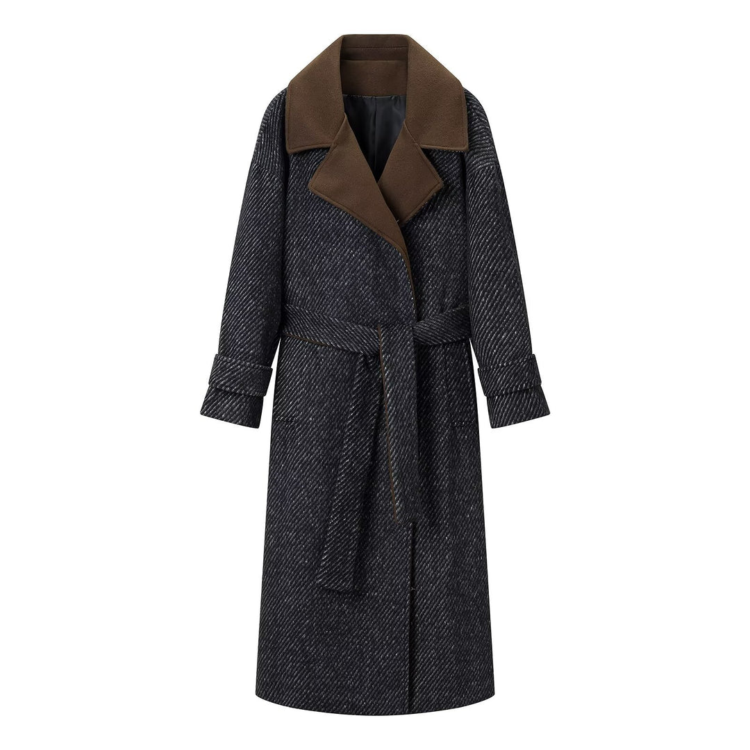Women Long Wool Herringbone Coat with Tie Belt and Large Notched Collar Amarae