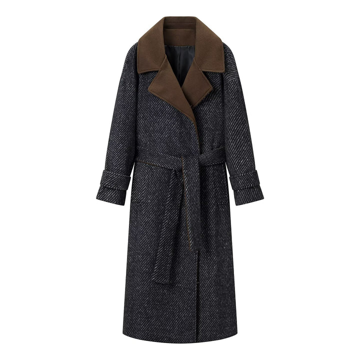 Women Long Wool Herringbone Coat with Tie Belt and Large Notched Collar Amarae