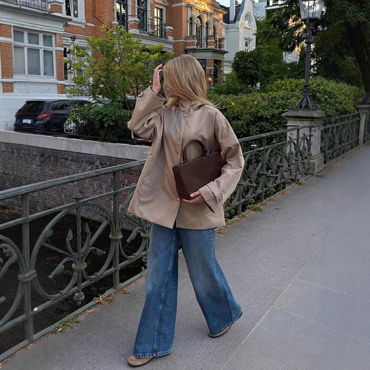 Women's oversized short coat in trench look with boxy silhouette and concealed snap button placket Amarae