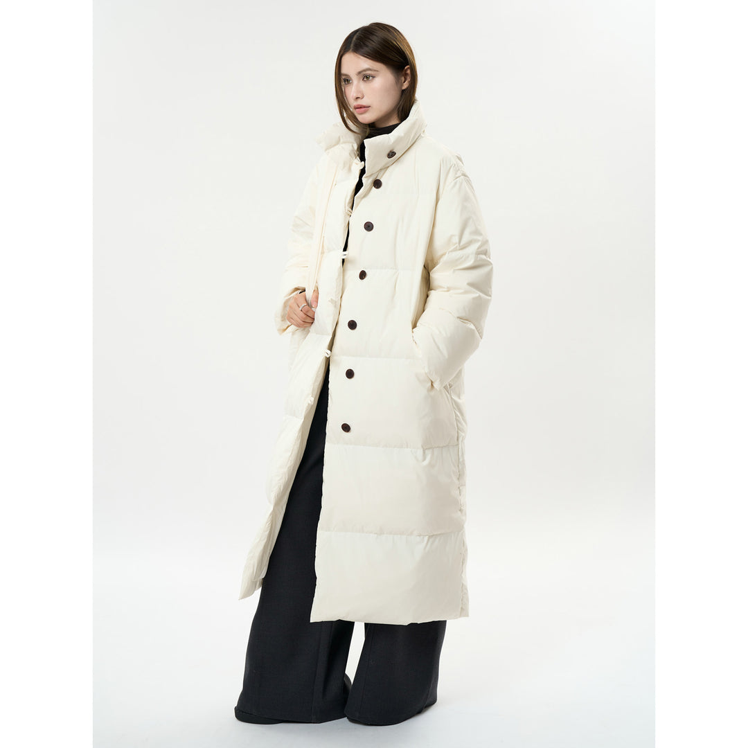 Women's Longer Quilted Down Look Coat with High Stand-Up Collar and Button Toggle Closure Amarae