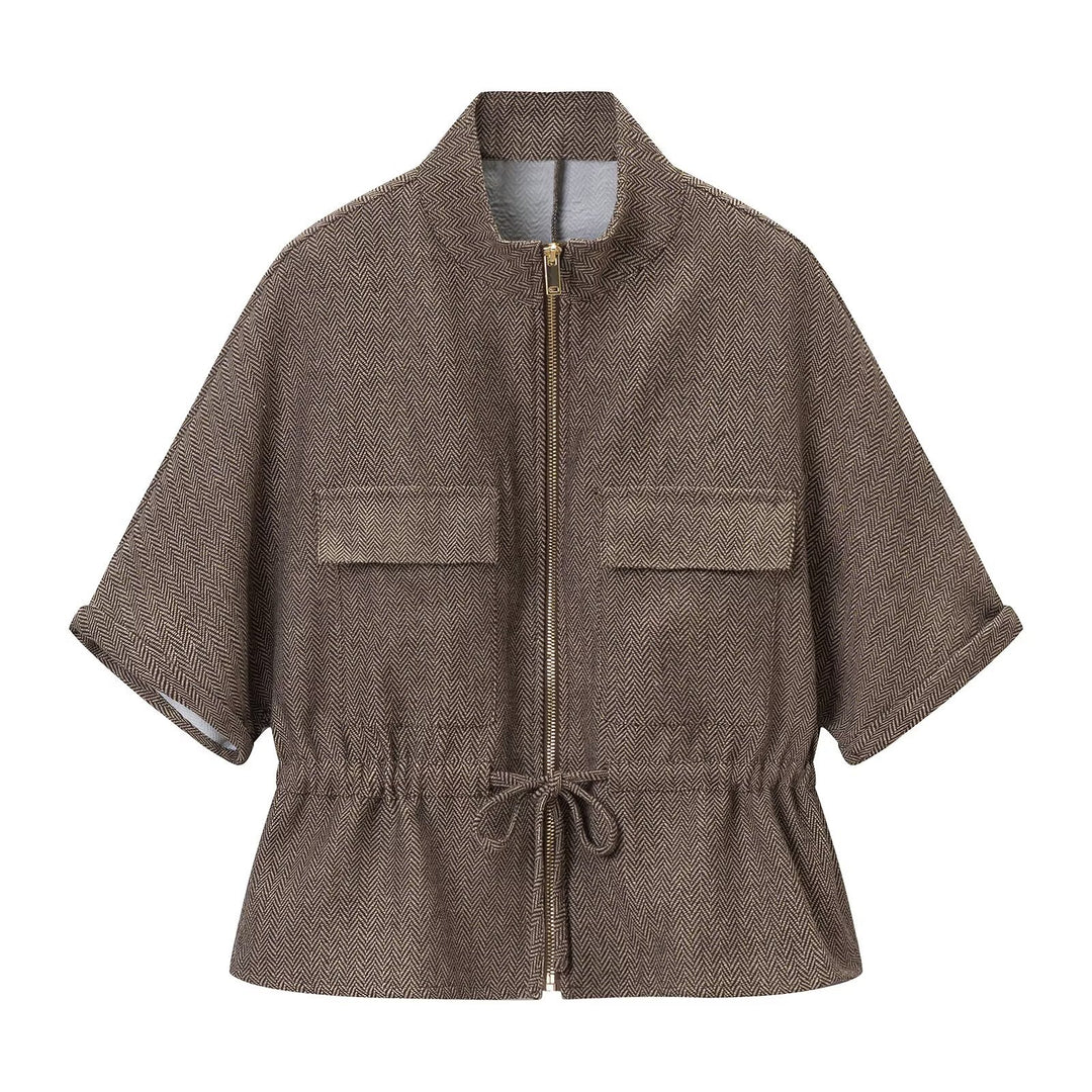 Women's short-sleeved tailored transition jacket with zipper, drawstring, and patch chest pockets Amarae