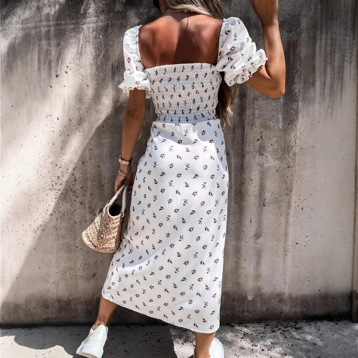 Lune London casual maxi dress for women with elastic top and floral pattern