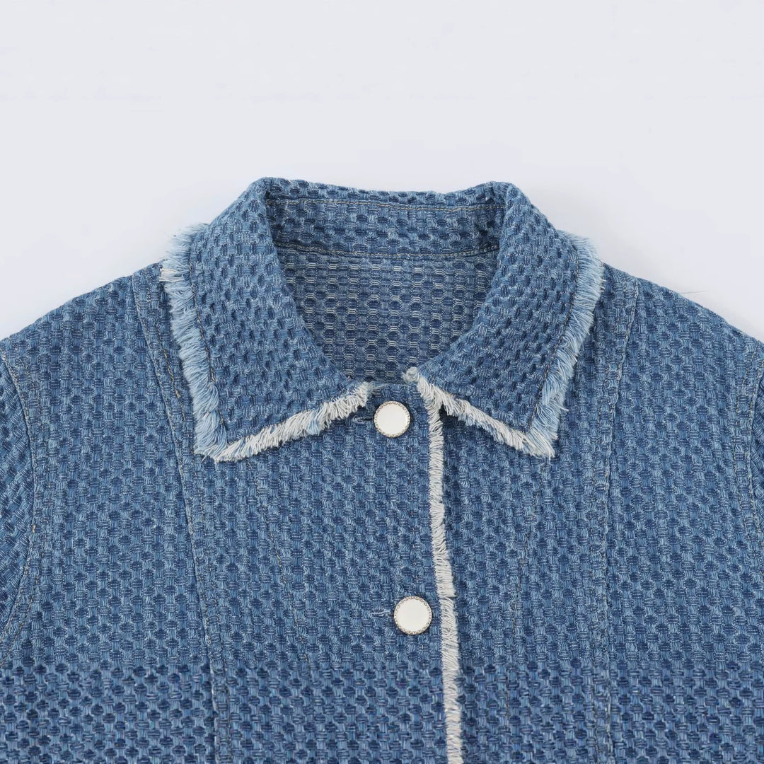 Women's short jacket made of textured denim with fringe trim and flap pockets Amarae