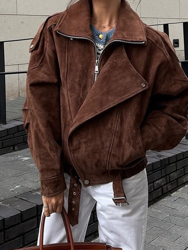 Women Short Velour Leather Bomber Jacket with High Stand-Up Collar and Waist Belt Amarae