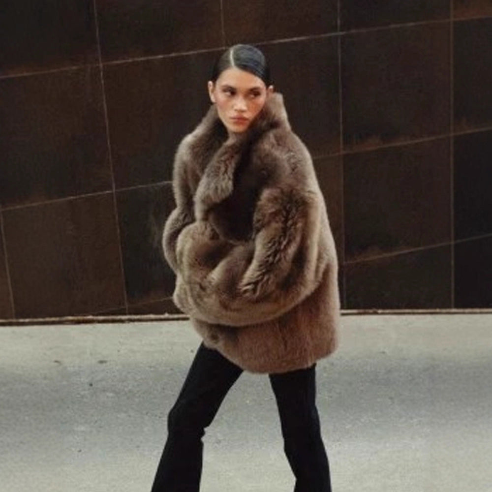 Women short coat made of luxurious faux fur with voluminous shawl collar and boxy silhouette Amarae