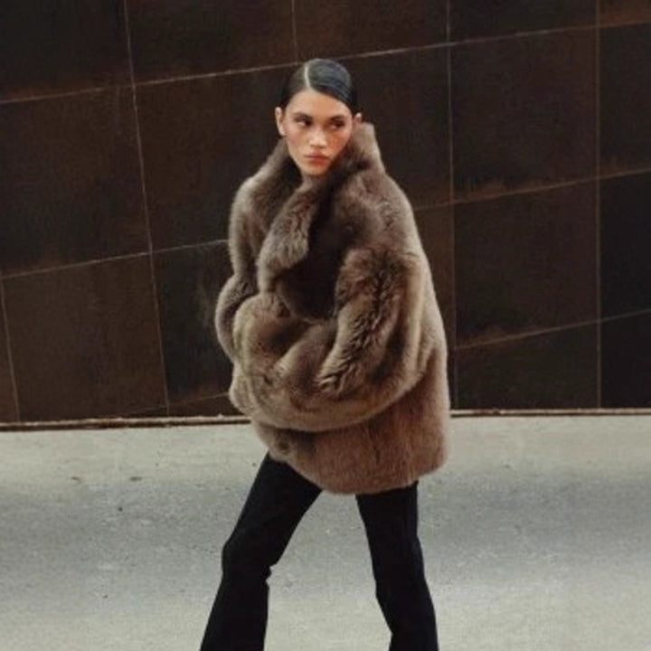 Women short coat made of luxurious faux fur with voluminous shawl collar and boxy silhouette Amarae