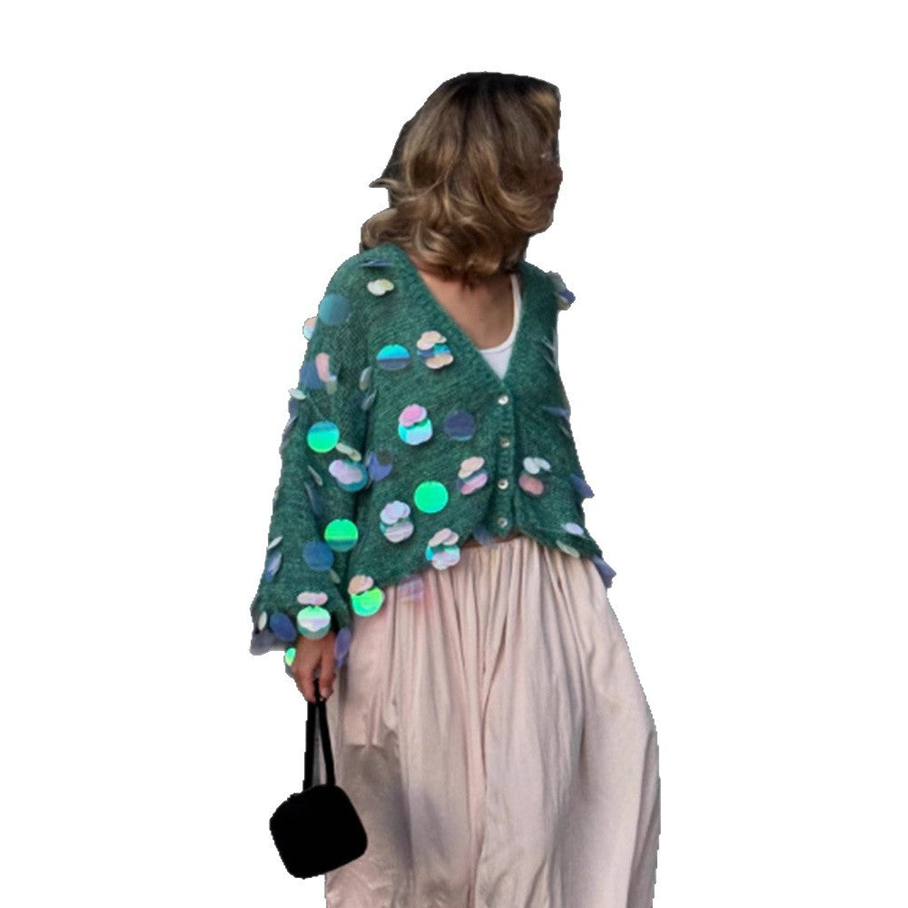 Women's Chunky Knit Mohair Cardigan with Oversized Sequins and Boxy Silhouette Amarae