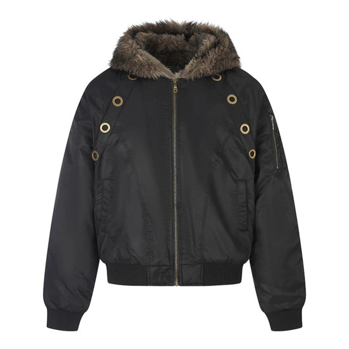 Women's short-cut bomber jacket with faux fur hood and eyelet application Amarae